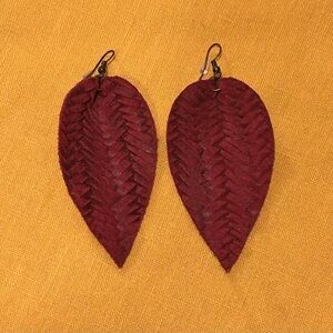 Plunder Fishtail Braided Burgundy Leather Earrings 3.5”